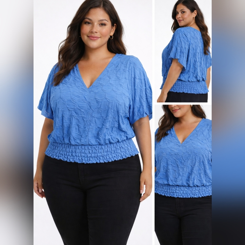 Nwt Ashley Stewart Textured Smocked Blouse V-neck Faux Wrap Top Flutter Sleeves